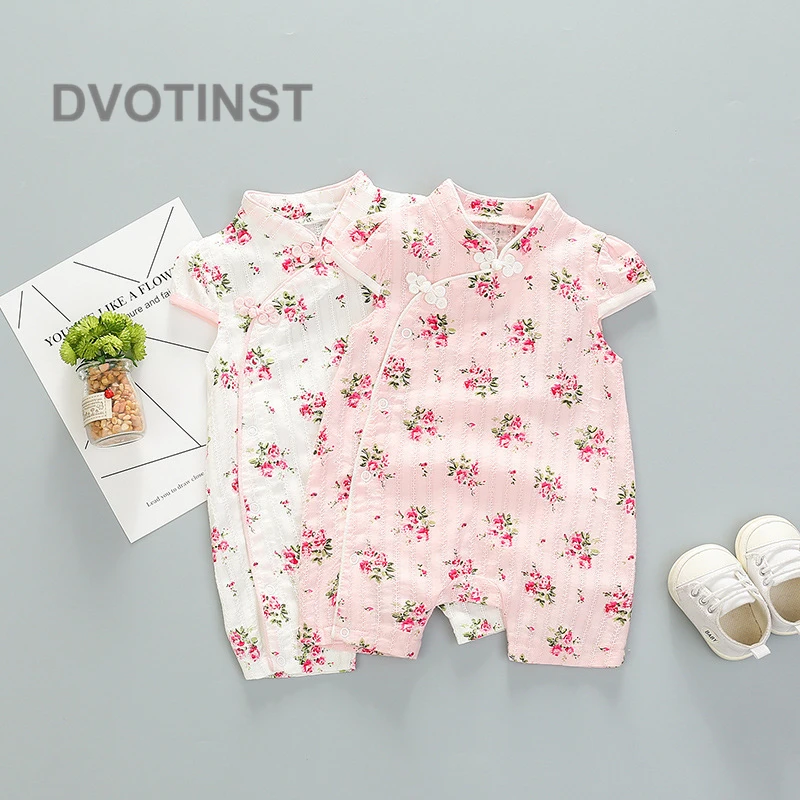 Dvotinst Одежда для новорожденных девочек в китайском стиле Cheongsam хлопок короткий рукав боди Твердые наряды костюм для малышей