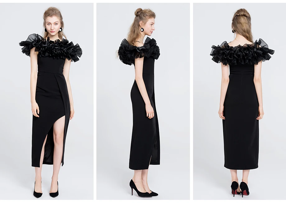 YIGELILA, модное, женское, черное, сексуальное, с разрезом, облегающее платье, летнее, с вырезом лодочкой, на бретельках, Империя, с оборками, вечерние, длинное платье, 63216