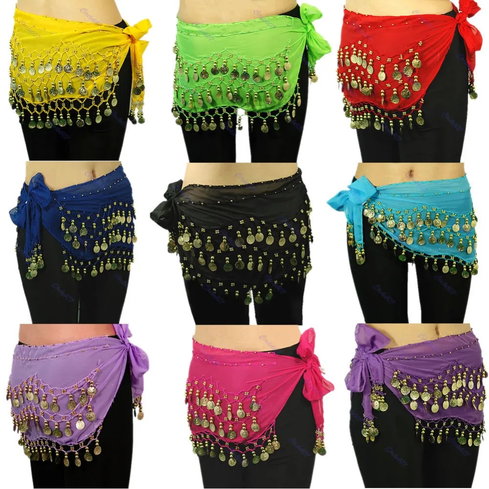 

New Chiffon Belly Dance Hip Scarf 3 Rows Coin Belt Skirt F05