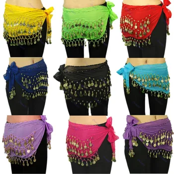 

New Chiffon Belly Dance Hip Scarf 3 Rows Coin Belt Skirt F05