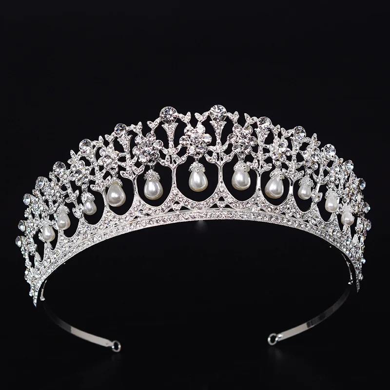 

Luxury Silver Crystal Pearl Bridal Tiara Crown Noble Rhinestone Pageant Crown Diadem For Bride Headband Wedding Hair Accessories