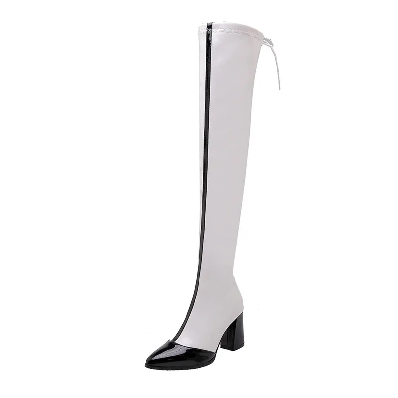 MORAZORA/ г. Пикантные ботфорты до бедра Женская Осенняя обувь на высоком каблуке с острым носком на молнии женские высокие сапоги большой размер 48 - Цвет: Белый