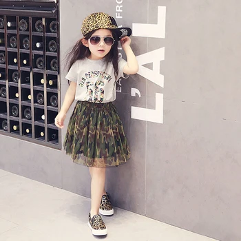 

Children Girls Clothes 2Pcs Casual Summer Letter Print Short Sleeve T-shirt+Camouflage Mesh Skirts Suits Costume Set 2019