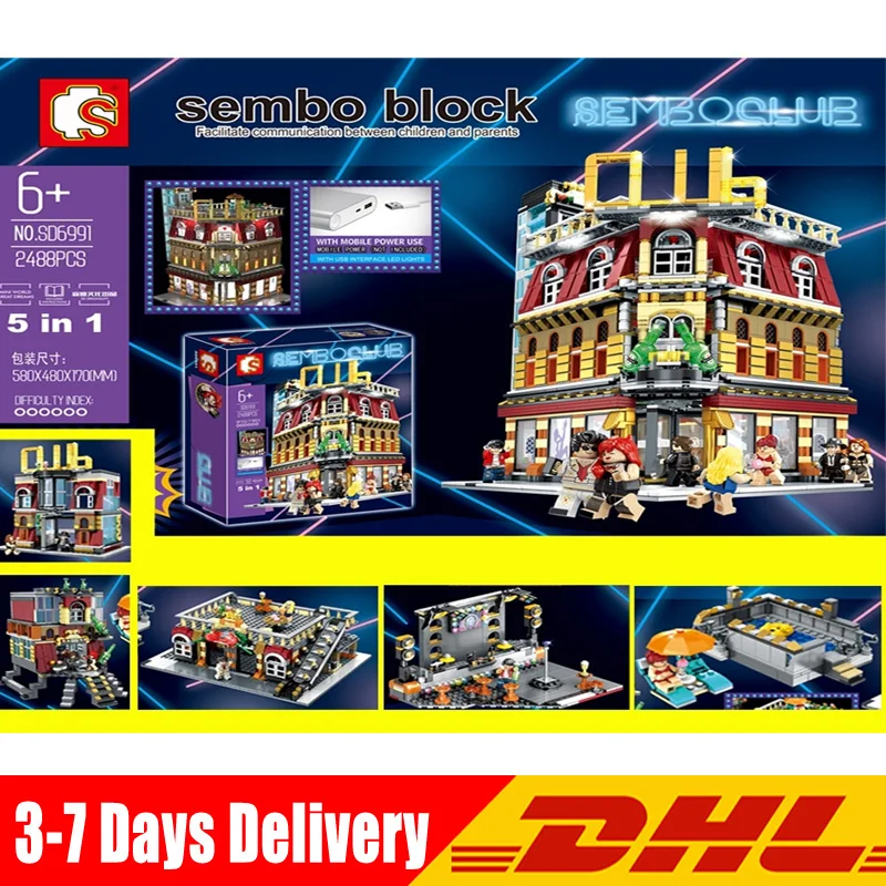 

2018 SD6991 2488 Pcs City 5 IN 1LED Light USB City Street View Club Model Building Blocks Bricks Creative DIY Toys Gift IN Stock