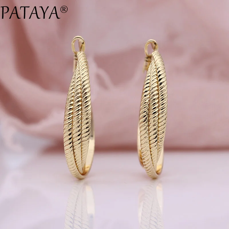 

PATAYA New Three Circles Long Earrings 585 Rose Gold Dangle Earrings Women Wedding Party Luxury Hollow Exquisite Fine Jewelry