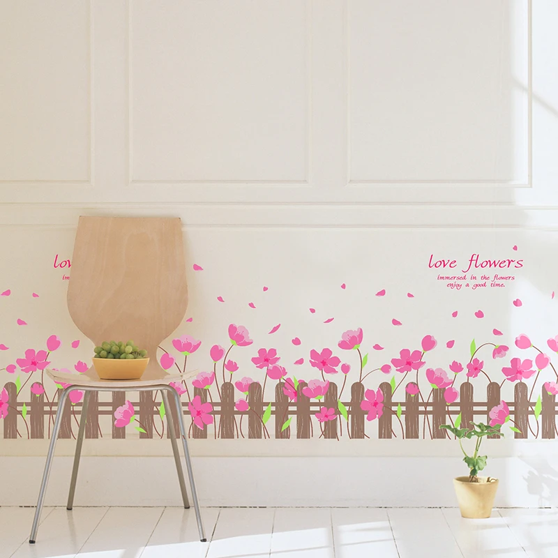 

[SHIJUEHEZI] Pink Color Flowers Baseboard Stickers DIY Wall Sticker for Kids Room Baby Bedroom Decoration Children Gift