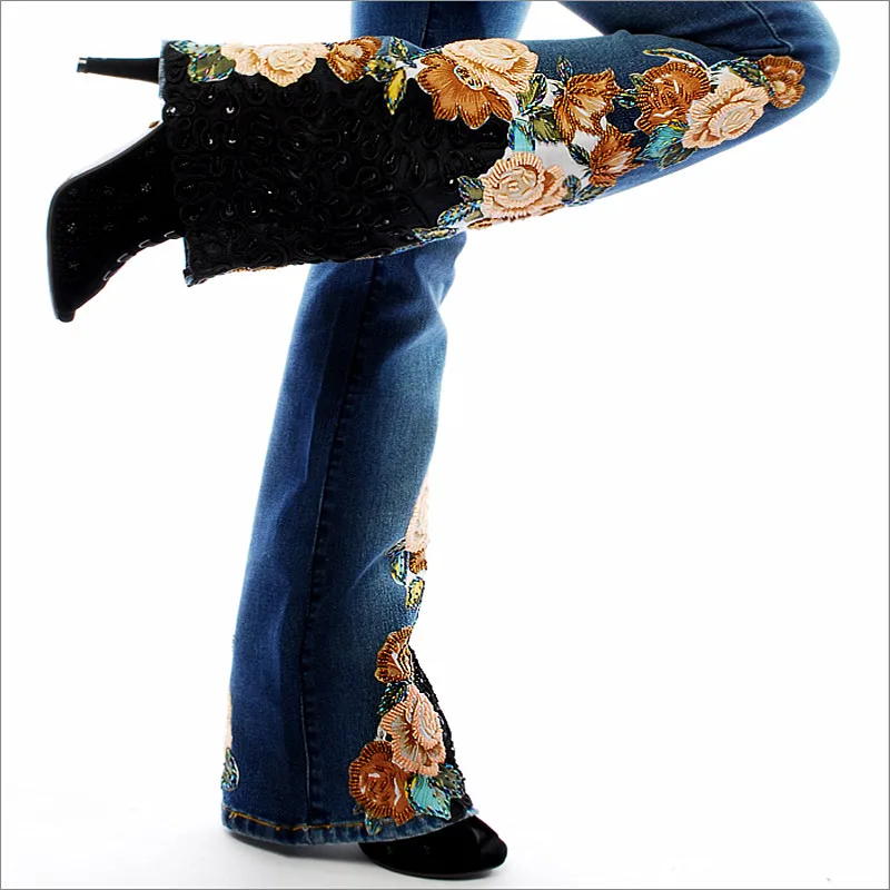 Джинсы женские с вышивкой со средней талией|big flare jeans|beaded embroidery jeansflare jeans |