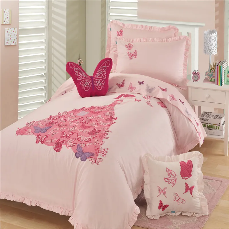 

Free shipping 100%cotton cartoon butterfly embroidered ruffles princess sweet girl 3/4pcs pink bedding set twin/full/queen size