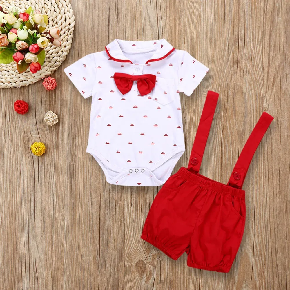 2PCS Baby Rompers Christening Baptism Baby jumpsuit Newborn infant Clothes kids chird Gentleman Boy Suspender Rompers