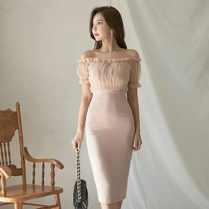 

Elegant Office 2019 Summer New Dress Women Sexy Slash Neck Sheath Pencil Dresses OL Patchwork Party Bodycon Vestidos