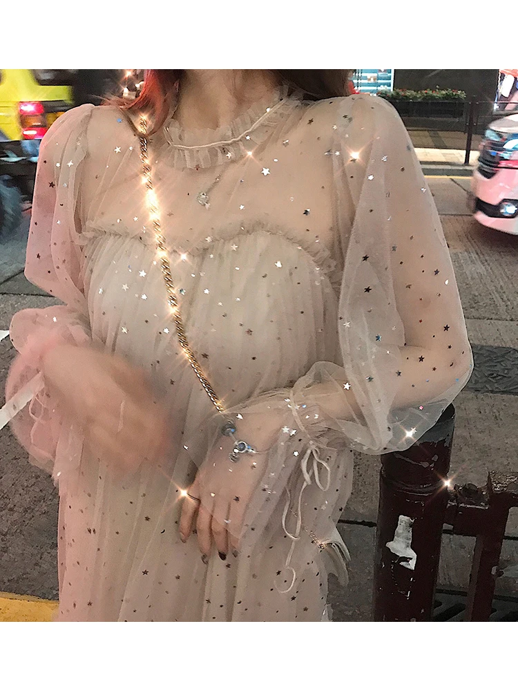 Шикарное весеннее платье с блестками новинка 2020 рукавами колокольчиками длинным