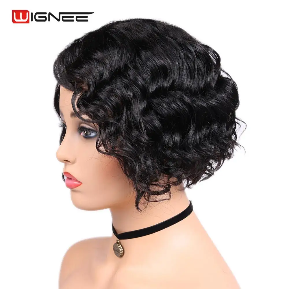 Wignee Remy Brazilian Hair Side Part Lace Human Hair Wigs For Black Women Glueless Hair Short Pixie Cut Curly Lace Human Wigs