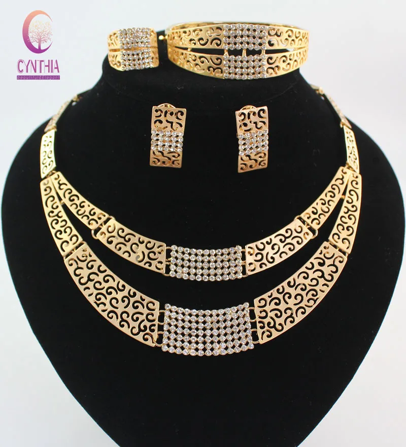 African Costume Jewelry Sets Gold Plated Fashion Crystal Rhinestone Wedding Bridal Necklace Bangle Earrings Ring Set