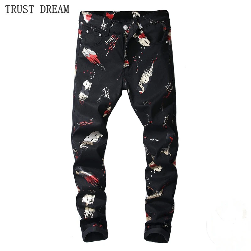 

Fashion Men's Floral Black Slim Pants Homme Print Personal Cotton Trousers Euro Style Man Fashion Amazing Fit Quality Pant