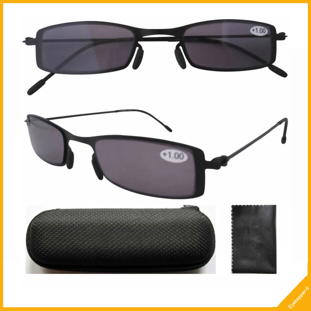 R12005 Thin Stainless Steel Frame Sun Readers Gray Tinted Lens Reading