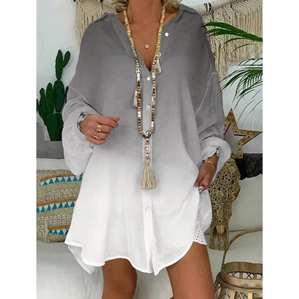 

Women Top Large Size Autumn Casual Gradient Long Sleeve Shirt Irregular Blouses Button Loose Tops ladies blusen damen T#