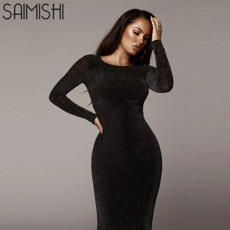 

Saimishi Women Long Sleeve High Waist Reflective O Neck Sexy Slim Bodycon Dress Autumn Winter Fashion Party Dresses