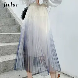 Jielur градиент Цвет женские плиссированные юбки элегантные женские сетка; с высокой талией Длинные Saias Мода Очаровательная Женская юбка для