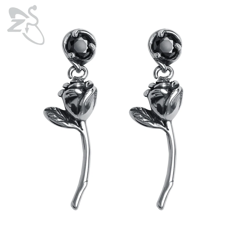 

ZS Rose Flower Stainless Steel Earrings for Women Gothic Stud Earring with Black Cubic Zirconia Vintage Hip Hop Jewelry for Men