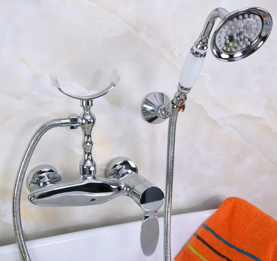 

Modern Wall Mount Polished Chrome Brass Bathroom Clawfoot Hand Shower Faucet Mixer Tap Set Telephone Shape Hand Spray ana257