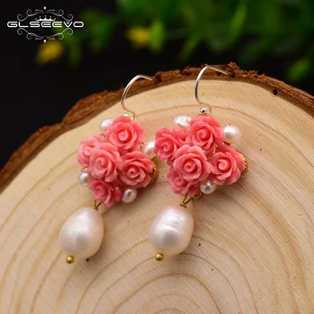 

GLSEEVO Handmade Coral Red Flower Rose Dangle Earrings For Women Engagement Natural Pearl Romantic Luxury Fine Jewelry GE0608