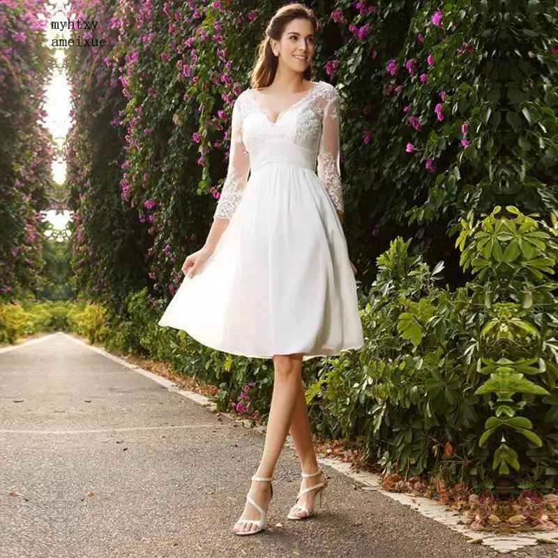 

Vestido Denovia Mariage Lace Sexy Cheap Short Wedding Dress V Neck Three Quarter Sleeves Knee Length Bridal Dress 2019 China