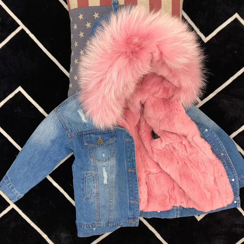 

Fashion Kids Real Fur Coat Hooded Autumn Winter Girls Denim Coats And Jackets Thick Warm Girls Parkas Children Outerwear