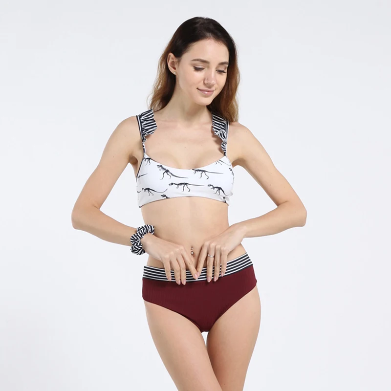 

Solid Sretch Swimming Suit For Women Backless Dinosaur Printed Bathing Suit Lady Triangle Ruffle Stripe High Waist Bikini 2019
