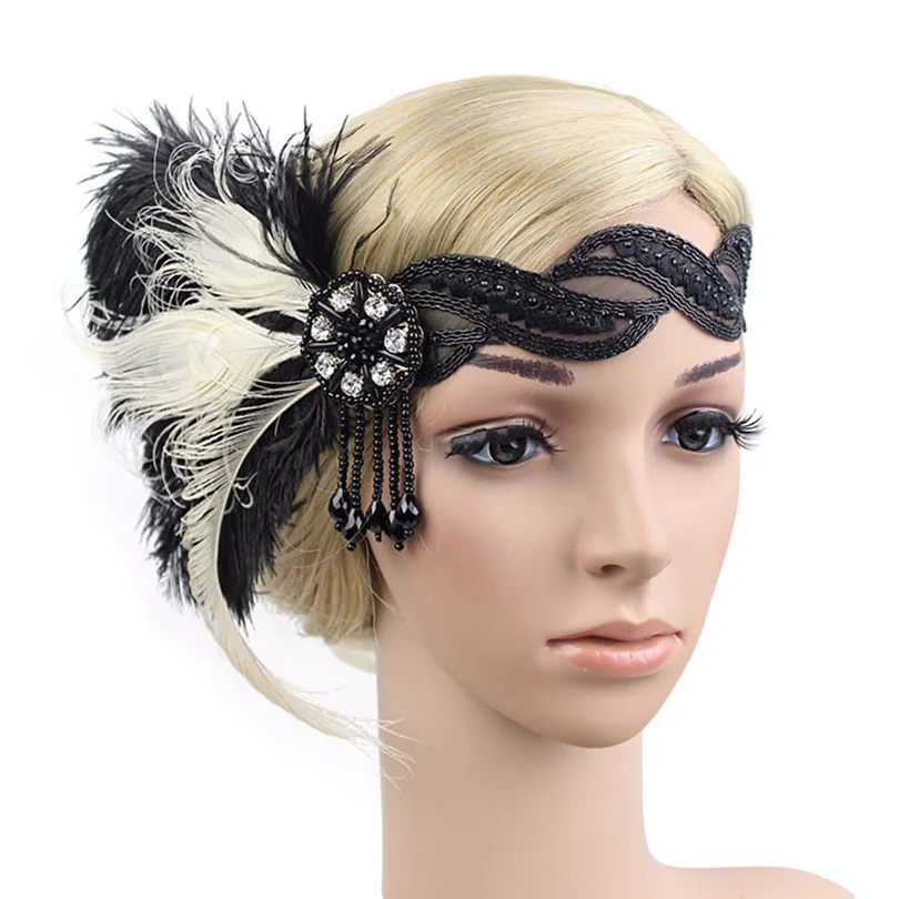 Gatsby аксессуары 1920 s Хлопушки аксессуары Gatsby головной убор ЧЕРНЫЙ Страус головные уборы с перьями кружево Хэллоуин Винтаж наряжаться