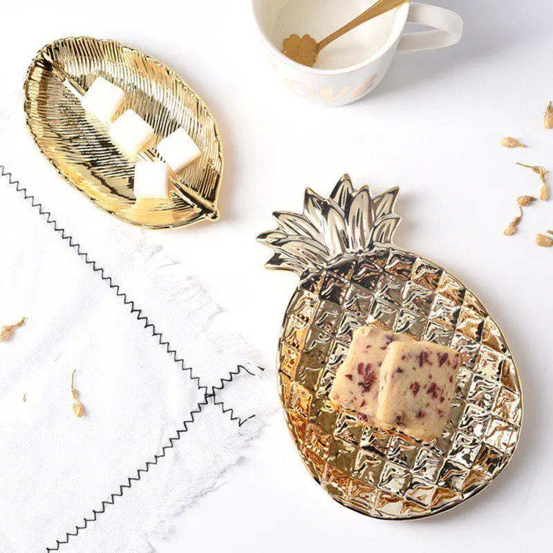 Nordic Royal Dessert Fruit Jewelry Plate Creative Golden Pineapple Leaf Shape Dining Table Household Art Tray Decoration Crafts | Дом и сад