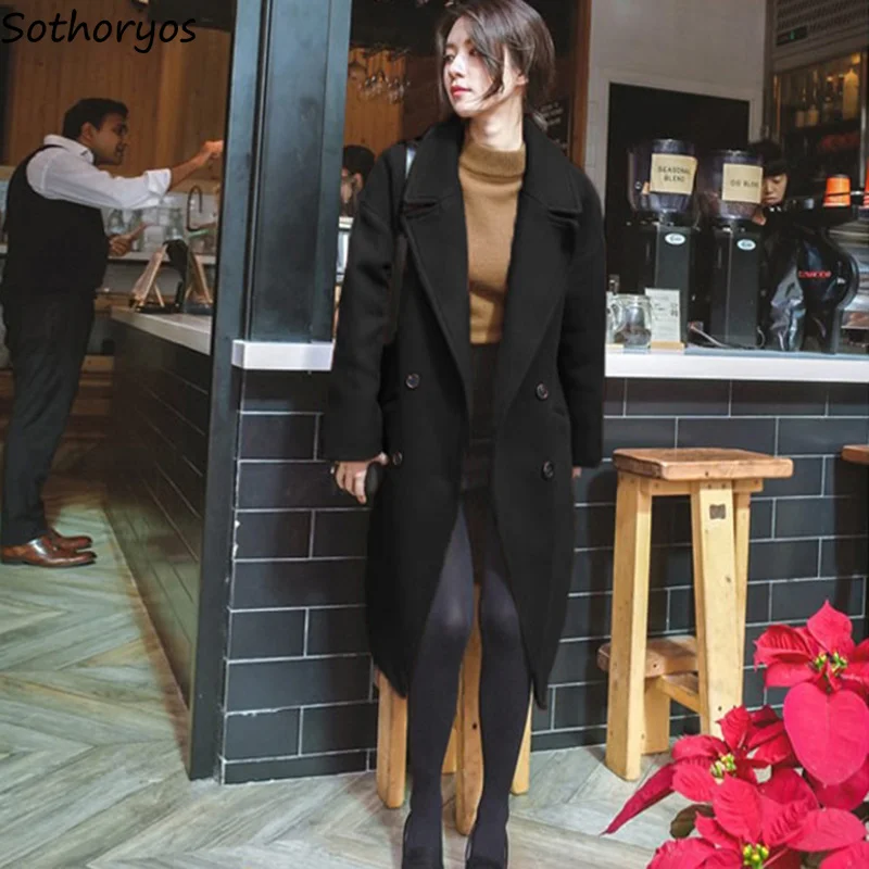 Смешанные женские шерстяные двубортные прямые пальто с отложным воротником, женские корейские стильные универсальные трендовые женские пальто, милая верхняя одежда