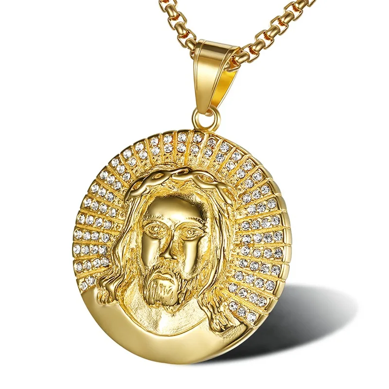 

Hip Hop Rapper Style Crystal Round JESUS Pendants Necklaces Gold Color Stainless Steel Bling Iced Out Men Personality Jewelry