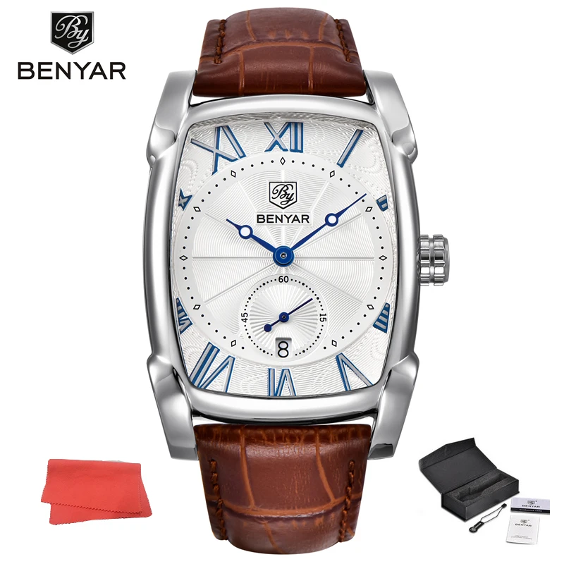 

Benyar Square Quartz Watch Men Roman Numerals Dial Leather Strap Clock Waterproof Casual Date Wristwatch Relogio Masculino