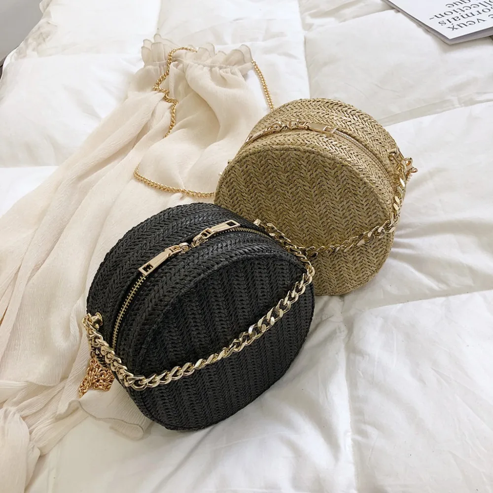 Round Straw Chain Bags Women Summer Rattan Bag Handmade Woven Beach Cross Body Bag Circle Bohemia Handbag Bali