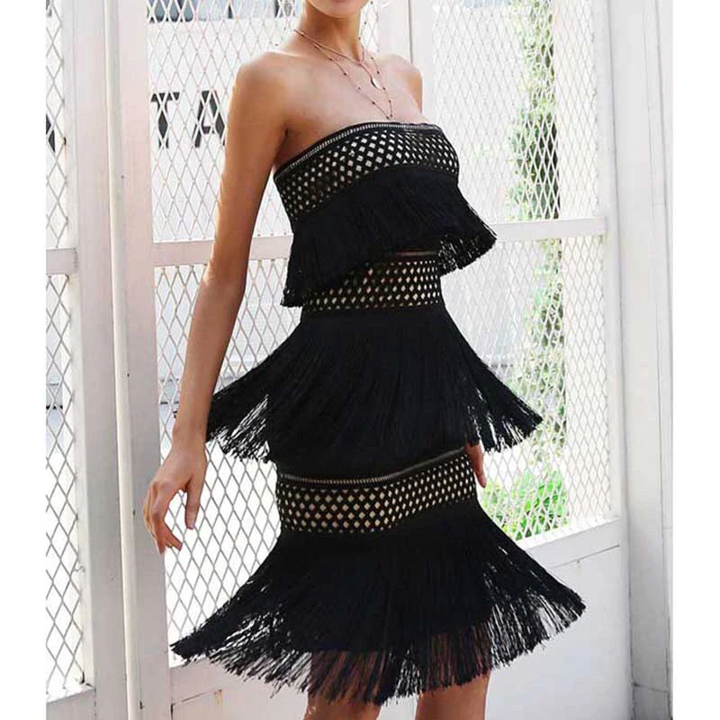 

HIGH STREET New Fashion 2018 Designer Party Dress Women's Strapless Cascading Tassel Dress Club Wear