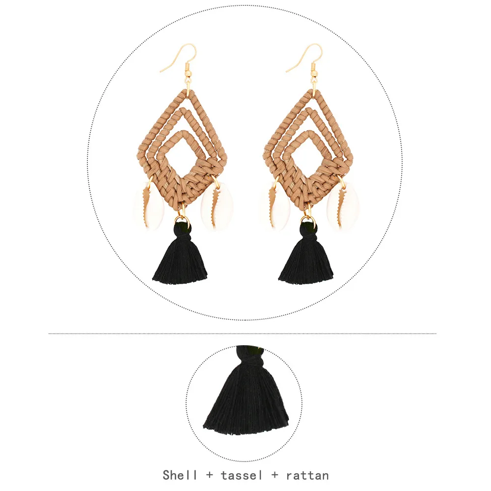 Latest Design Womens Rattan Tassel Wicker Woven Sea Shell Conch Hooks Earrings Jewelry 2019