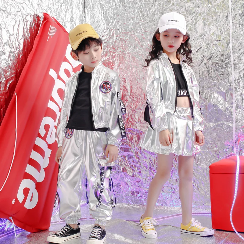

Kids Concert Sliver Hip Hop Clothing Outfits Loose Jacket Tops Pants Girls Boys Sequins Dance Costume Wear Ballroom Stage Wear