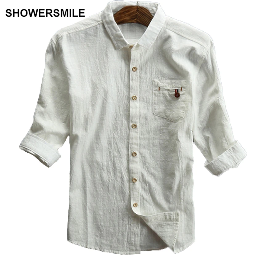 SHOWERSMILE Off White Linen Shirts Men Plus Size Casual Half Sleeve ...