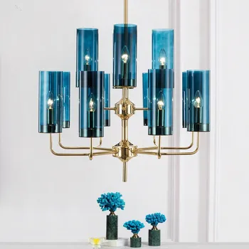 

Glass Chandelier Modern Lighting Luxury Metal Blue Glass LED Hanglamp For Living Room Dinning Room Kitchen Fixture lustre Lamps
