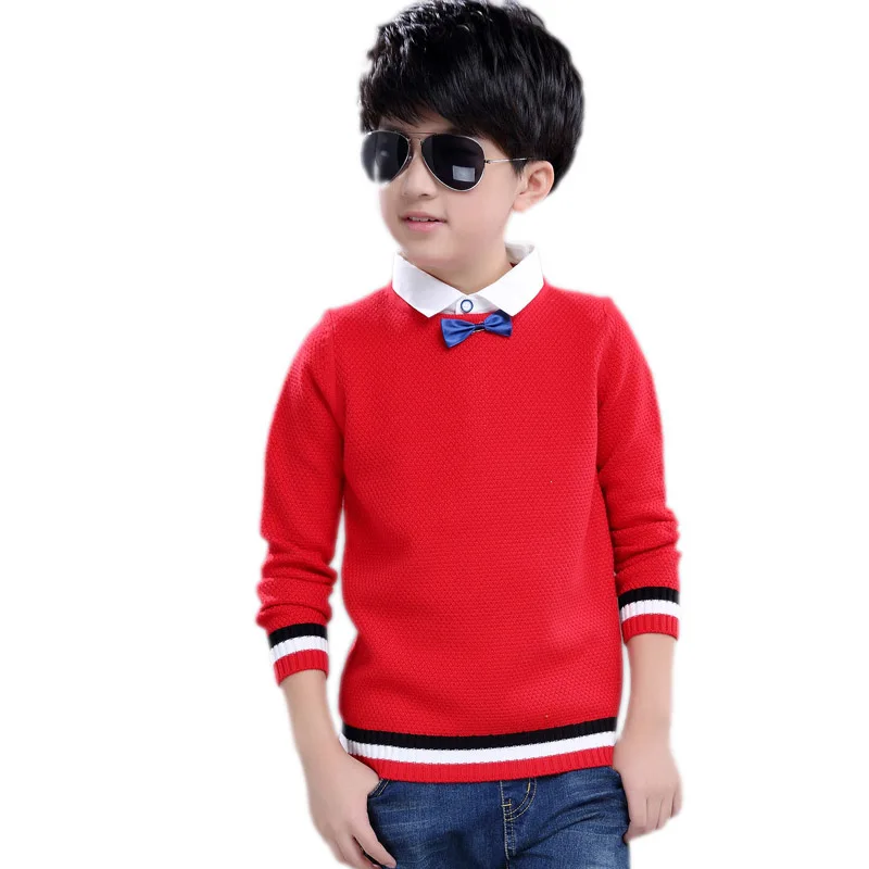 

teenager boys clothes 2018 new winter boys sweater solid fake two piece boys sweaters kids bowknot knit pullover sweater 5-11T