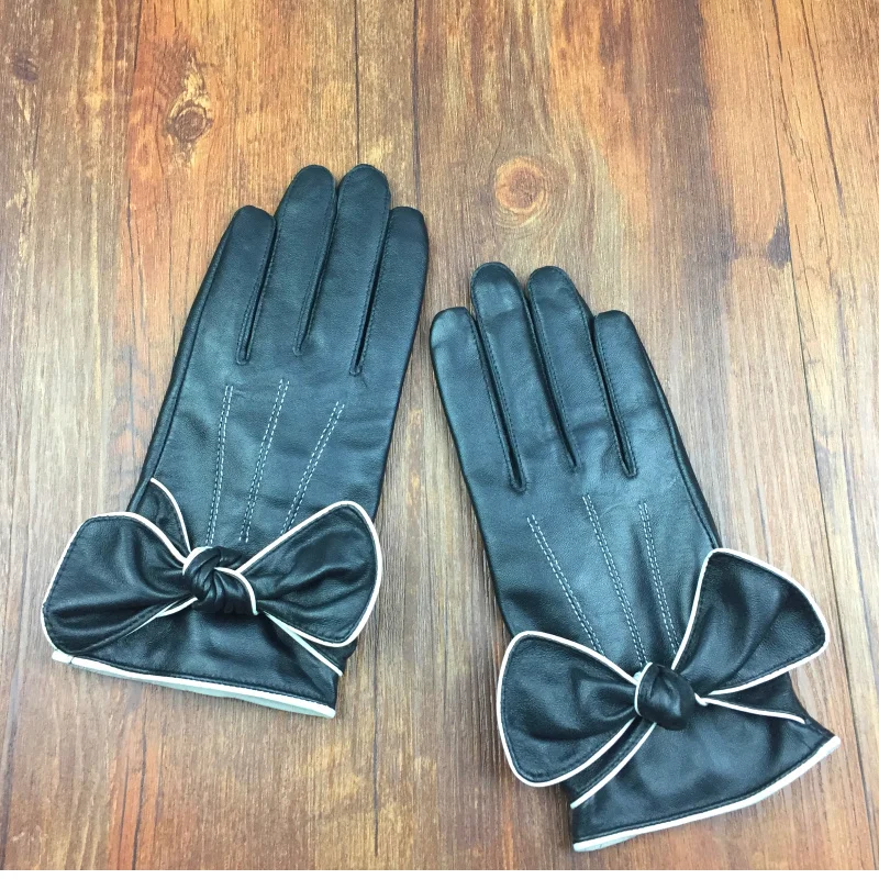 New arrival White bow sheepskin gloves Women looply plus velvet thermal