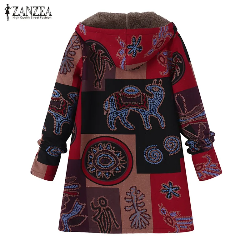 Модные женские куртки ZANZEA осень зима свободные пушистые с капюшоном тонкие пальто с принтом случайным образом уличная одежда большого размера топы