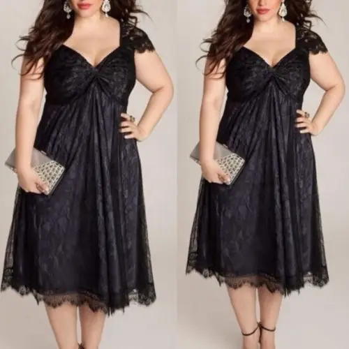 

Women's Short sleeve Fashion Casual plus size L to 5XL Sleeveless Lace V Neck Dresses Evening Party Dress