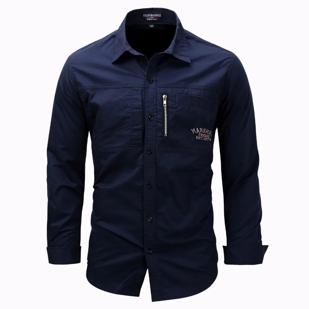 Мужская приталенная рубашка в стиле милитари хаки с длинным рукавом|men shirts