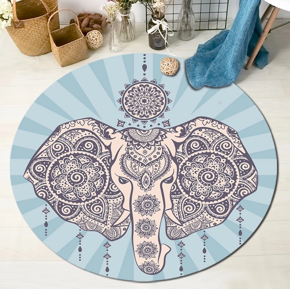 

LB Indian Elephant Mandala Round Carpets for Baby Children's Home Living Room Cushion Bedroom Rugs Non-Slip Floor Door Bath Mats