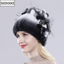 Новые русские Женские Настоящий мех кролика Skullies шапки Роскошные вязаные цветы натуральная шапка из меха кролика рекс зимние натуральный мех шапочки
