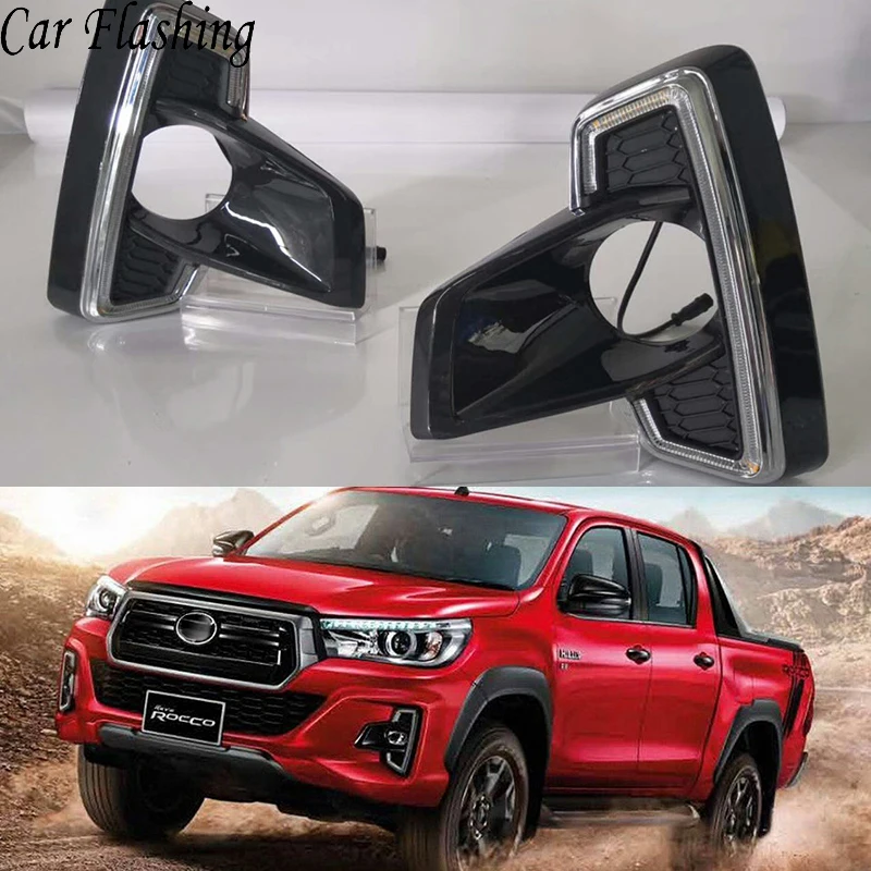 

Car Flashing 2Pcs Car LED Daytime Running Light DRL For Toyota Hilux Revo Rocco 2018 2019 fog lamp cover with yellow turn signal