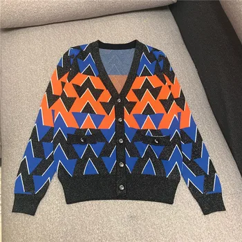 

Luxury Designer Brand Knitted Cardigans for Women V Neck Contrast Diamond Lattice Loose Knitted Sweater