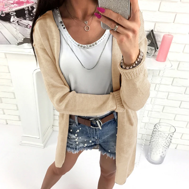 Womens Long Sleeve Knitted Sweater Lady Solid Loose Casual Holiday Cardigan Coat
