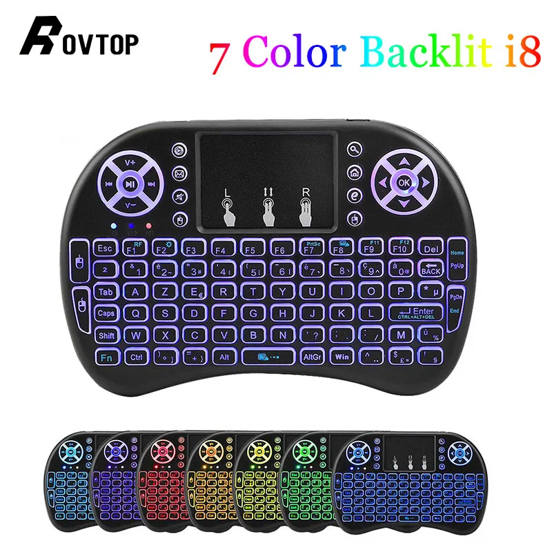 

7 Color Backlit I8 Mini Wireless Keyboard English Russian Spanish 2.4GHz Air Mouse With Touchpad Remote Control Android TV Box